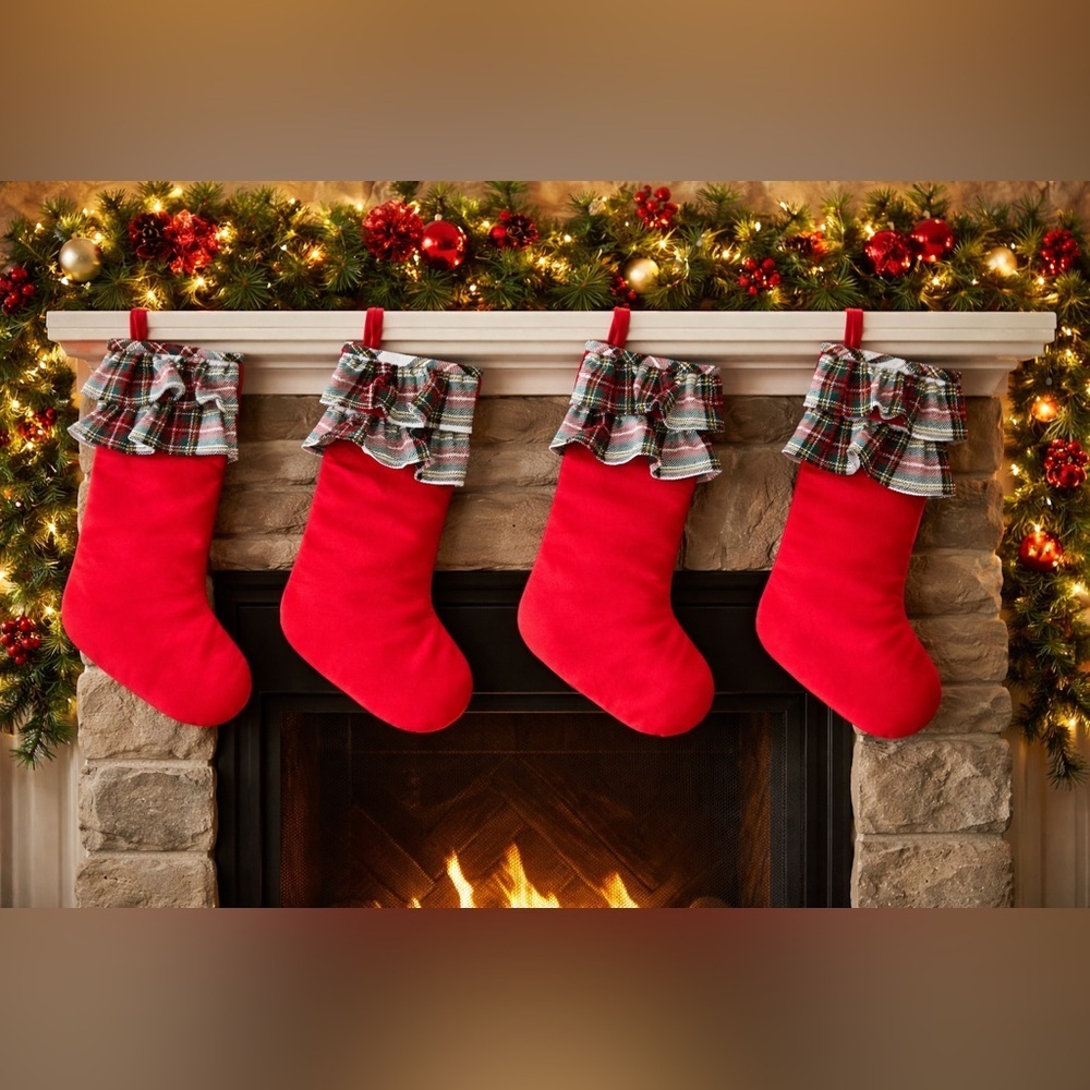 Large Christmas stockings NEW NWT red plaid ruffles 19 in each decor mantle Xmas
